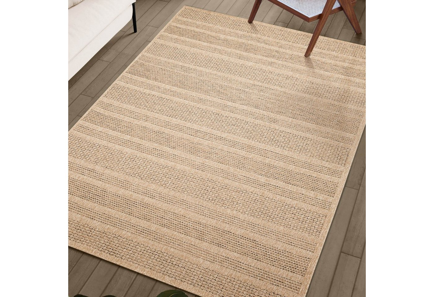 Outdoorteppich Outdoorteppich in Sisal-Optik mit gestreiftem Muster beige/braun, TeppichHome24, Rechteckig von TeppichHome24