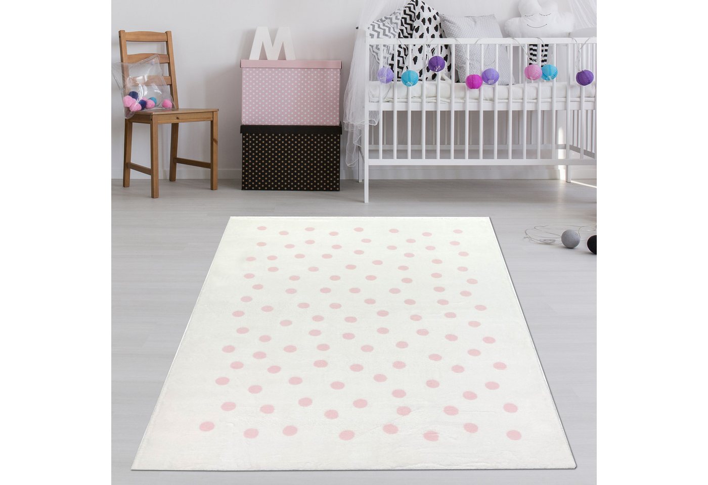 Teppich Kinderteppich mit rosa Punkten, weich& pflegeleicht, creme, TeppichHome24, rechteckig, Höhe: 18 mm von TeppichHome24
