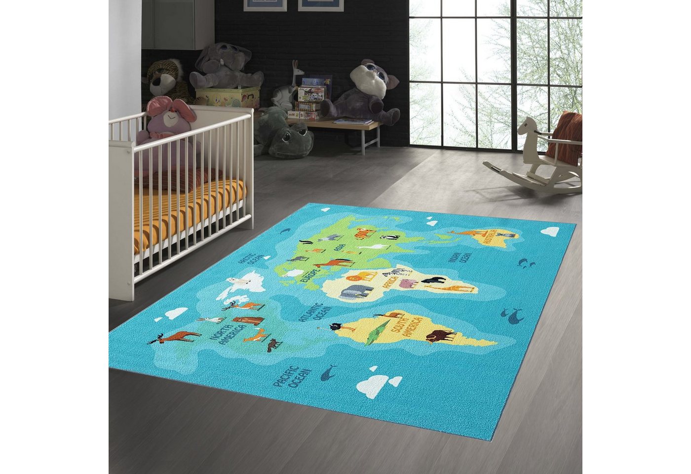 Teppich Kinderzimmer Weltkarten-Lernteppich mit Tieren in blau, TeppichHome24, rechteckig, Höhe: 7 mm von TeppichHome24