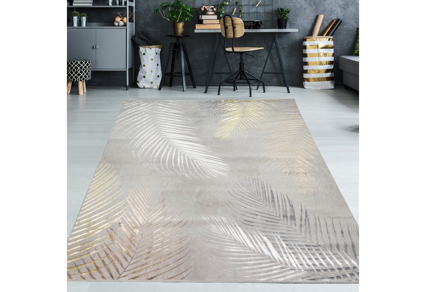 Teppich Designer Teppich mit Palmzweige grau gold, TeppichHome24, rechteckig von TeppichHome24