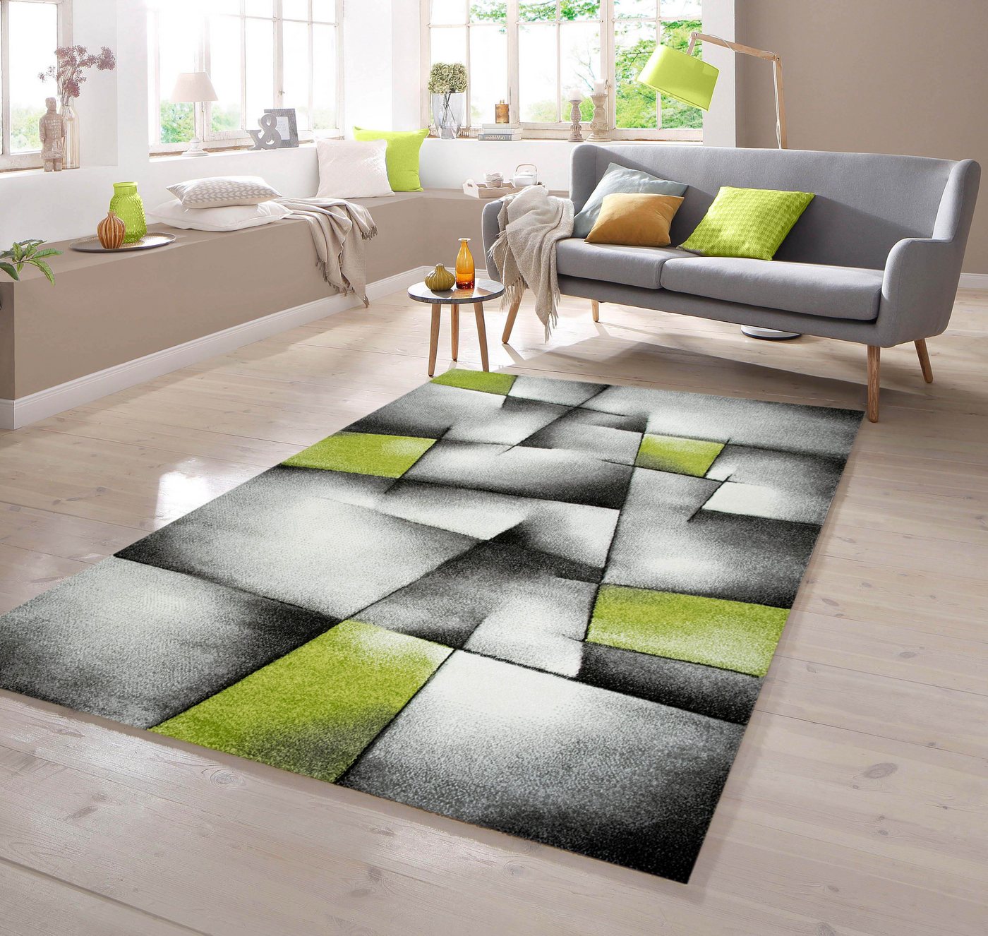Teppich Designer Teppich mit Konturenschnitt Karo Muster Grün Grau Weiß Schwarz, TeppichHome24, rechteckig von TeppichHome24