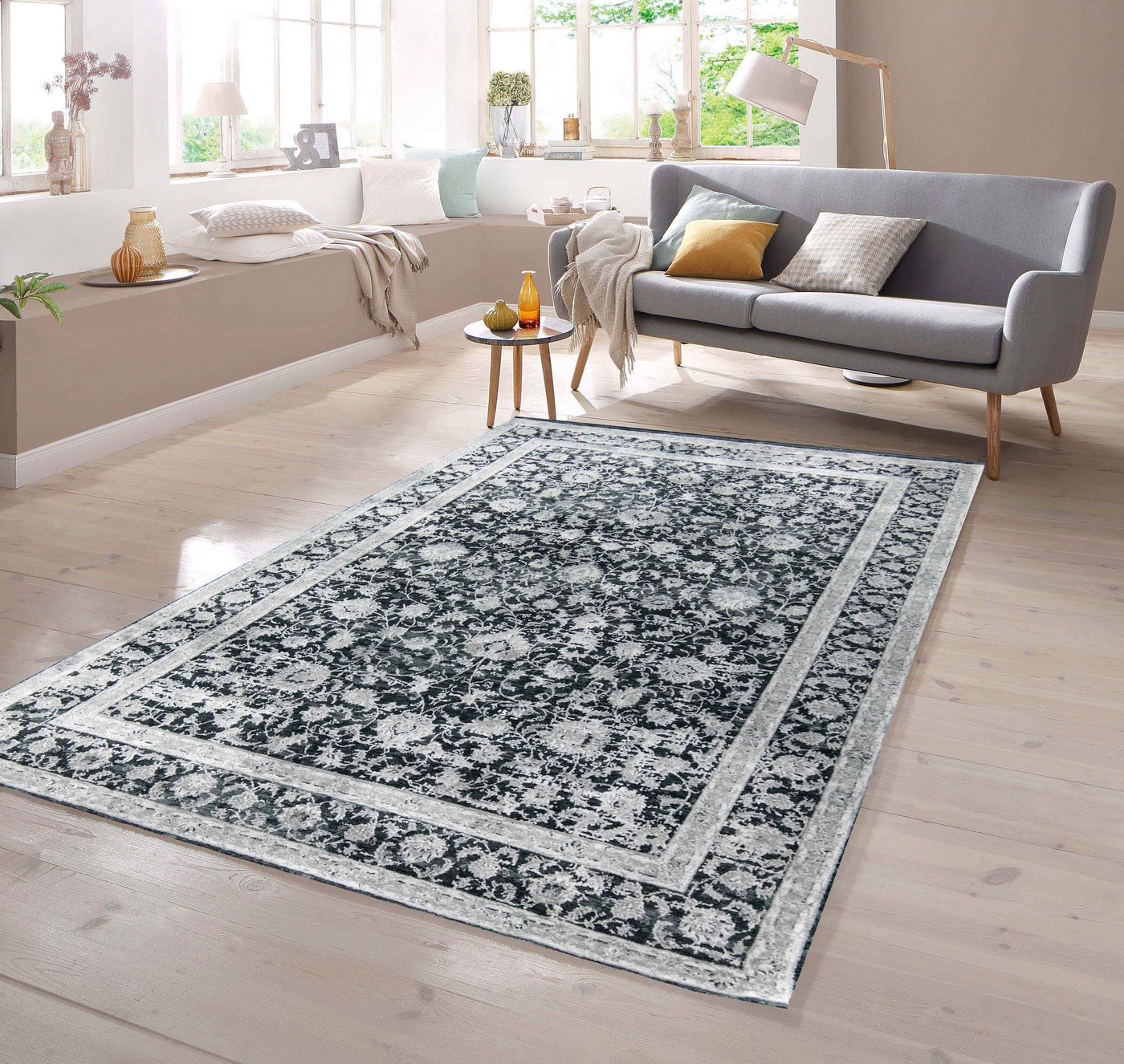 Teppich Moderner Teppich in orientalisches Blumendesign in Grau auf Schwarz, TeppichHome24, rechteckig von TeppichHome24