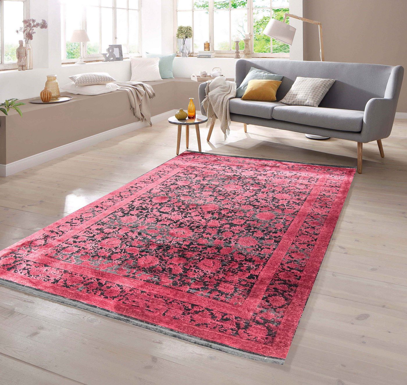 Teppich Moderner Teppich in orientalisches Blumendesign in Rot auf Schwarz, TeppichHome24, rechteckig von TeppichHome24