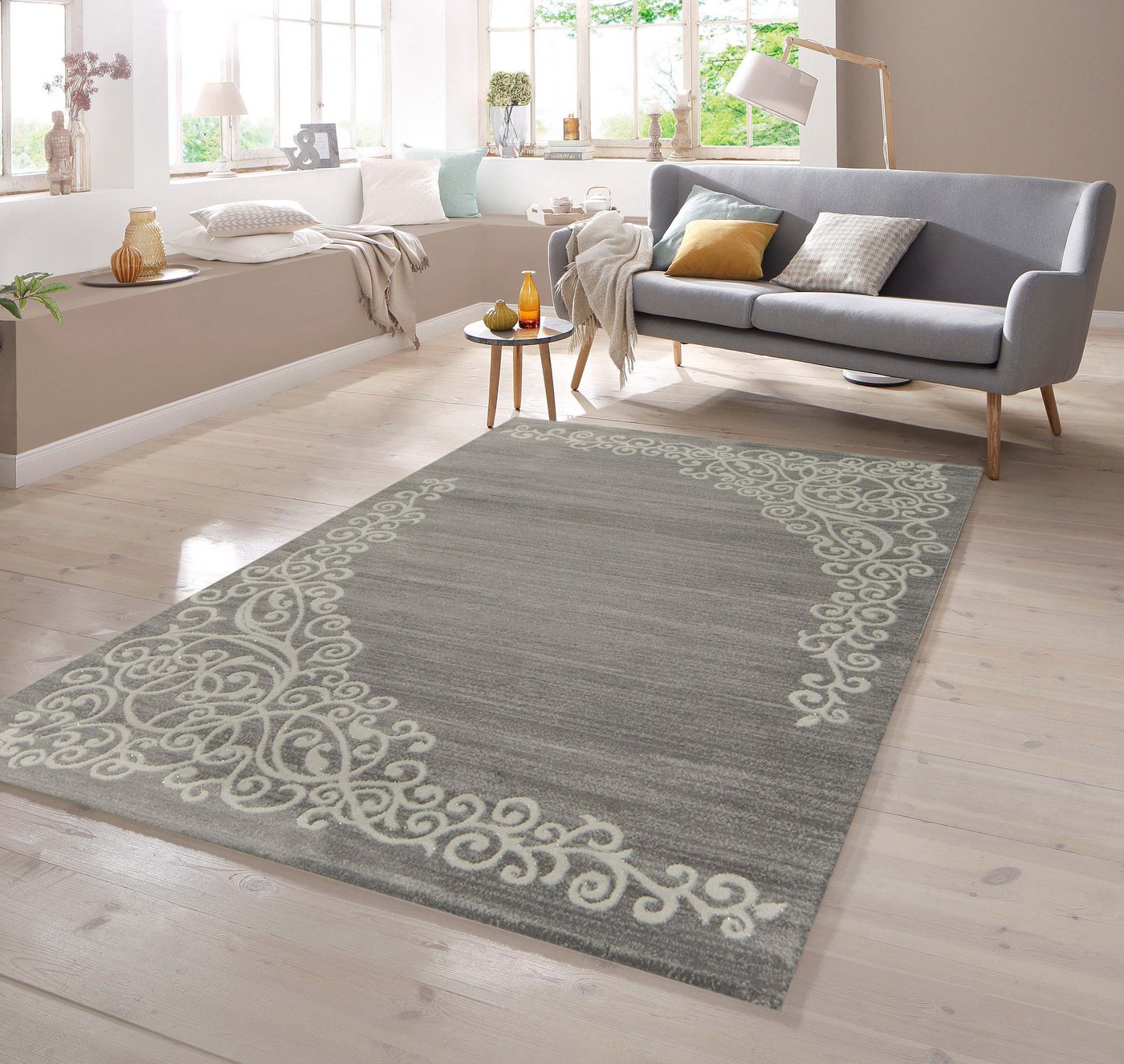 Teppich Moderner Teppich mit Floral Muster Meliert in Grau Creme, TeppichHome24, rechteckig von TeppichHome24