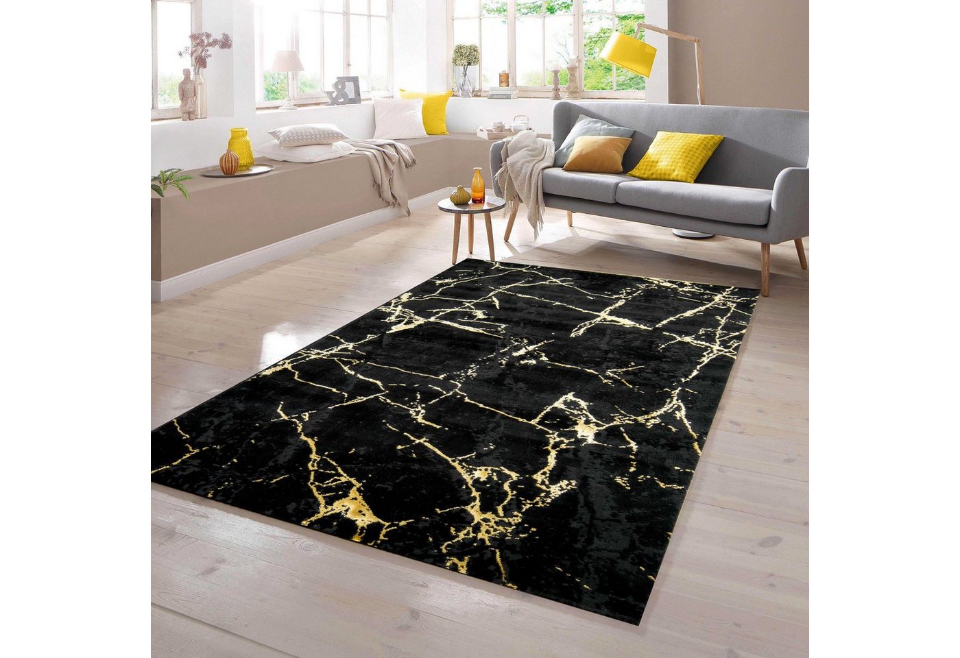 Teppich Teppich Design Wohnzimmerteppich Marmor Optik in schwarz gold, TeppichHome24, rechteckig von TeppichHome24