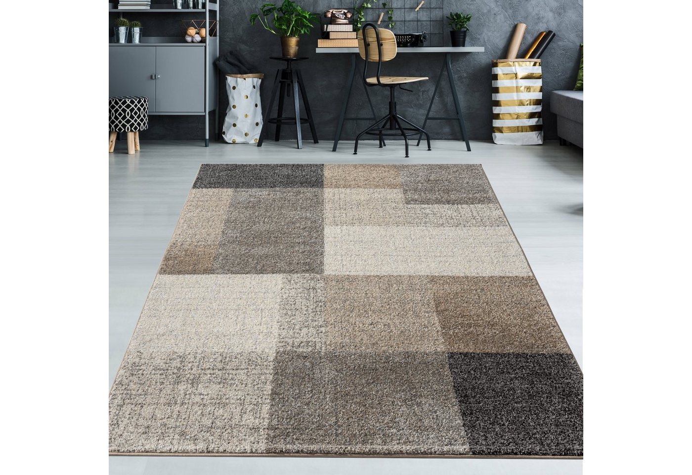 Teppich Moderner Teppich mit quadratischen Mustern grau beige, TeppichHome24, rechteckig von TeppichHome24