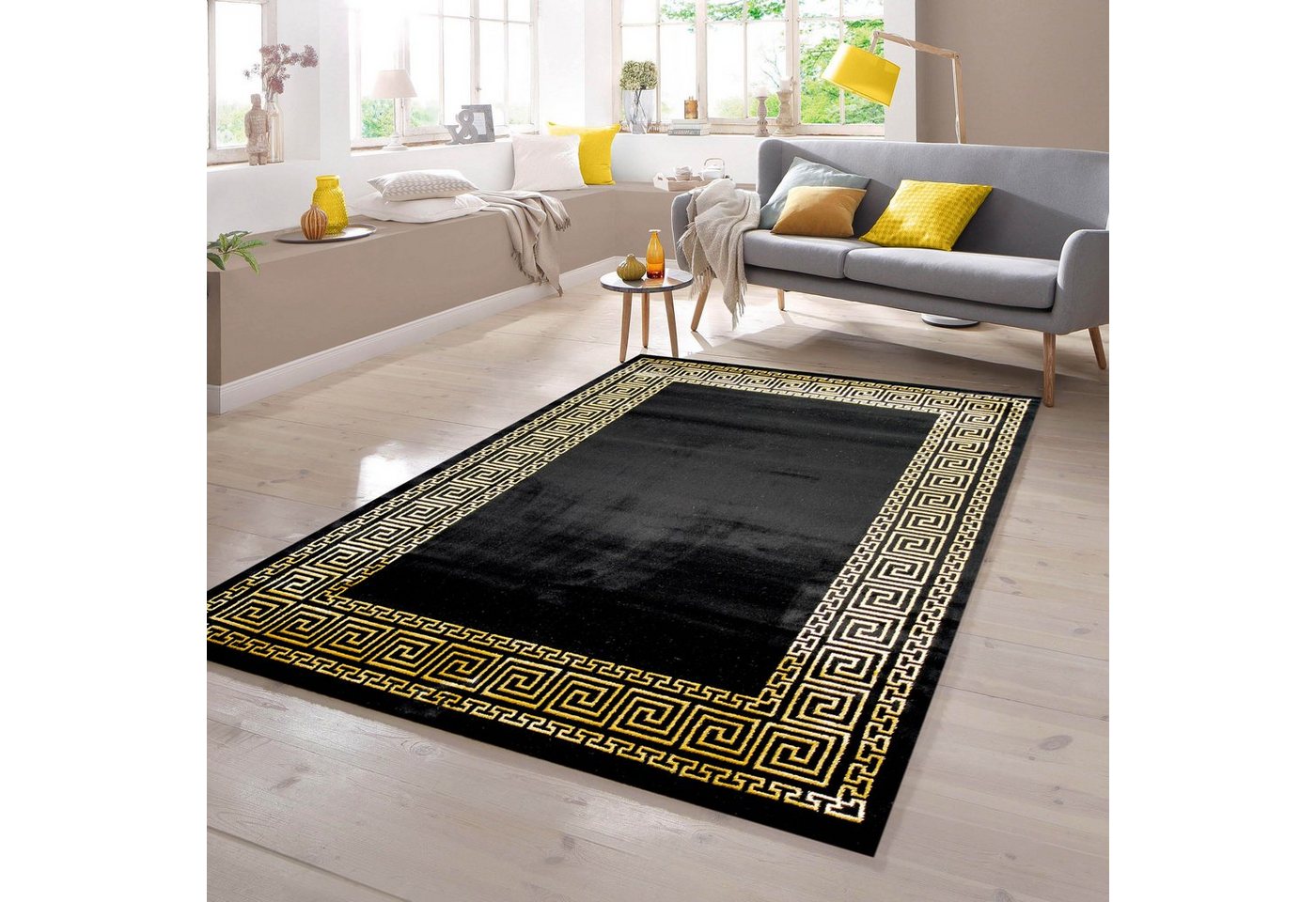 Teppich Teppich mit klassischer Bordüre in schwarz gold, TeppichHome24, rechteckig von TeppichHome24