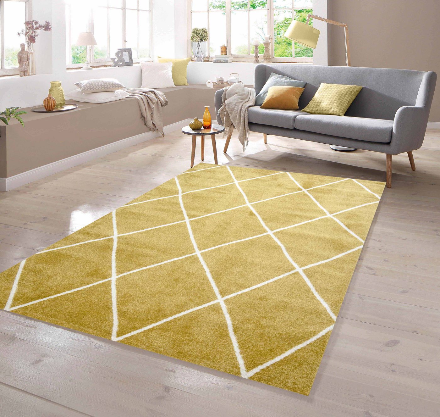 Teppich Teppich Skandinavischer Stil Rautenmuster gold creme weiß, TeppichHome24, rechteckig von TeppichHome24