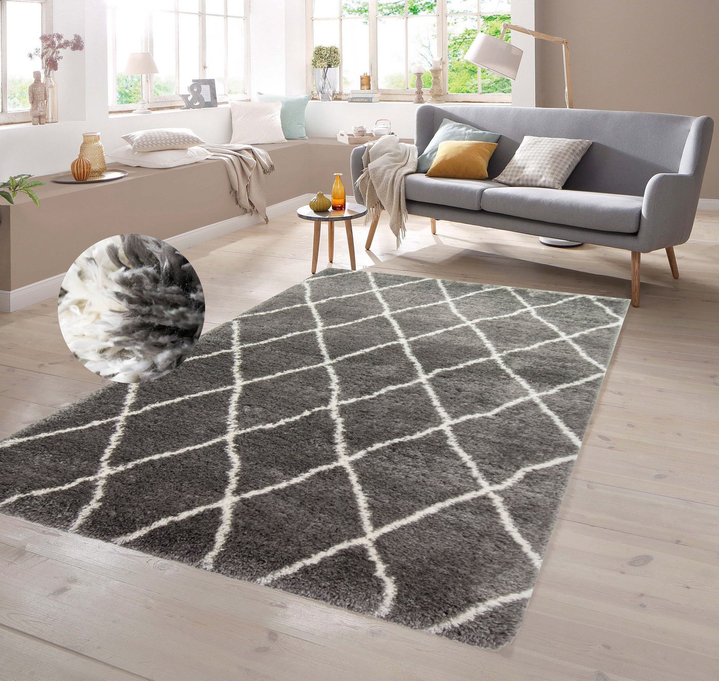 Teppich Teppich Shaggy Rautenmuster in grau creme, TeppichHome24, rechteckig von TeppichHome24