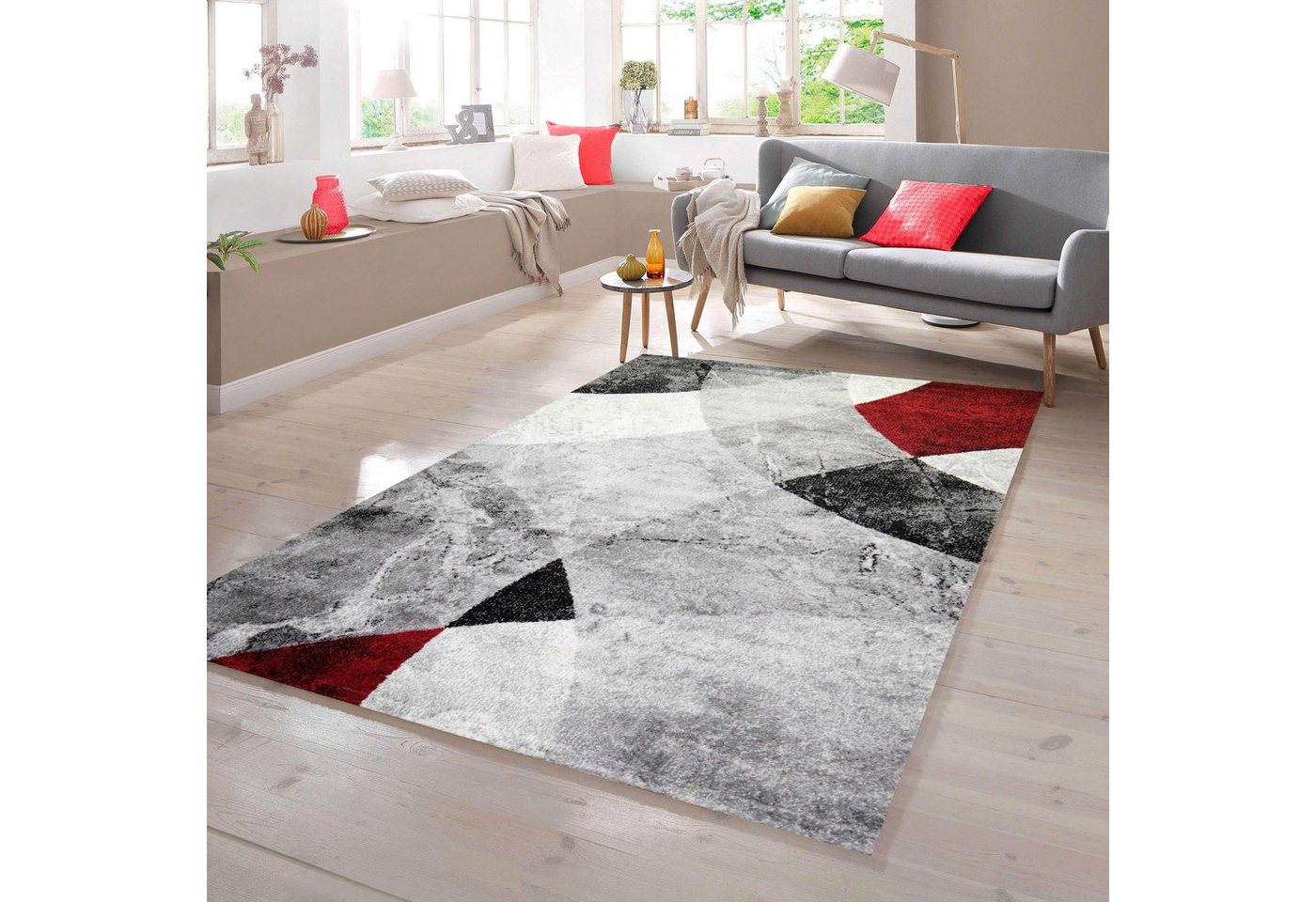 Teppich Teppich Rauten Design in rot grau, TeppichHome24, rechteckig von TeppichHome24