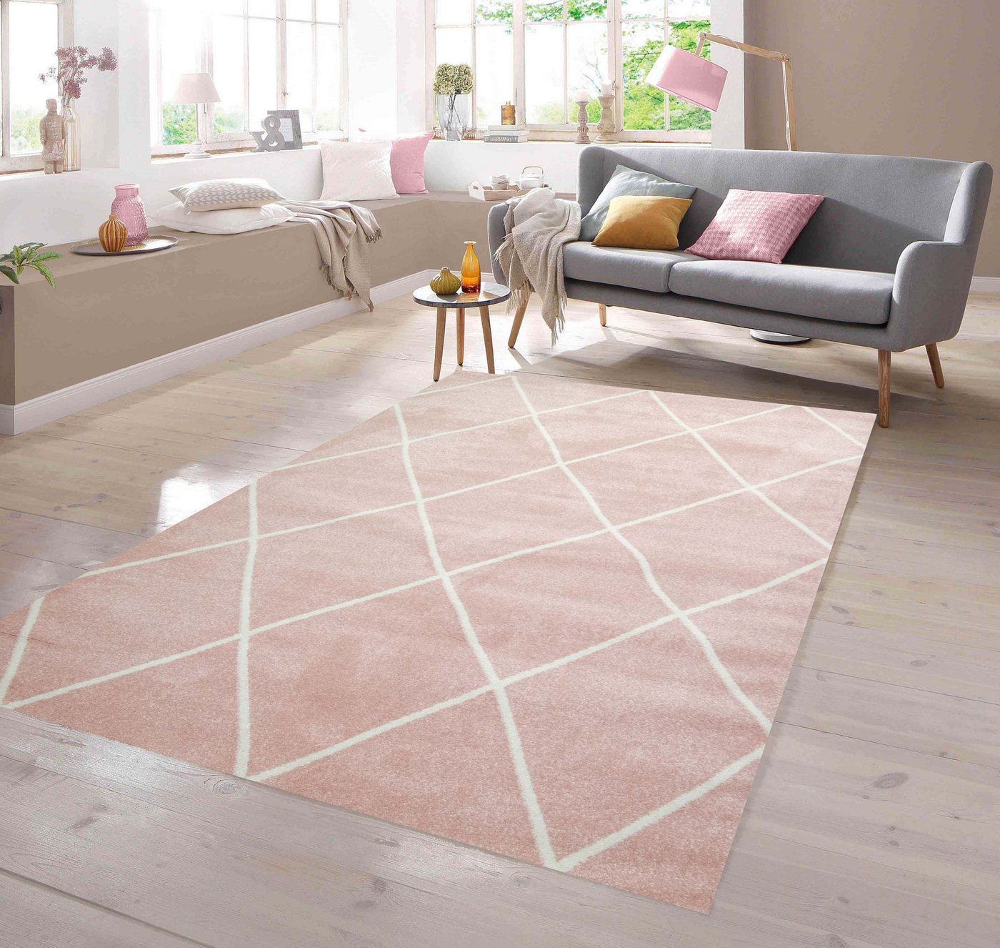 Teppich Teppich Skandinavischer Stil Rautenmuster rosa creme weiß, TeppichHome24, rechteckig von TeppichHome24