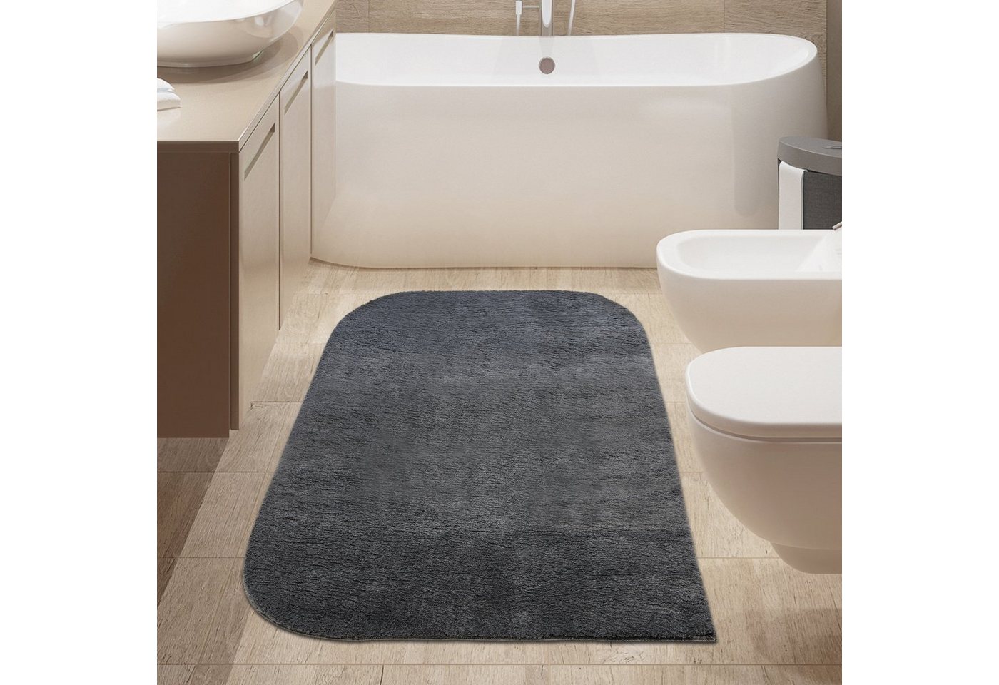 Teppich Designer Badezimmer Teppich mit runden Ecken in anthrazit, TeppichHome24, rechteckig, Höhe: 18 mm von TeppichHome24