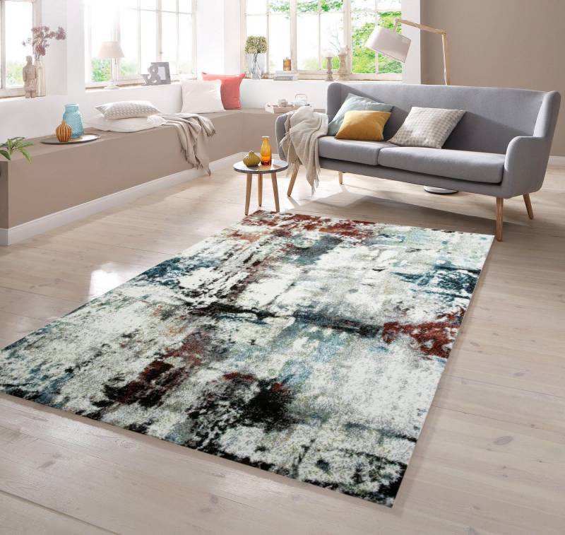 TeppichHome24 Teppich Designer Teppich Kurzflor Meliert Splash Türkis Creme Braun Multi, rechteckig von TeppichHome24