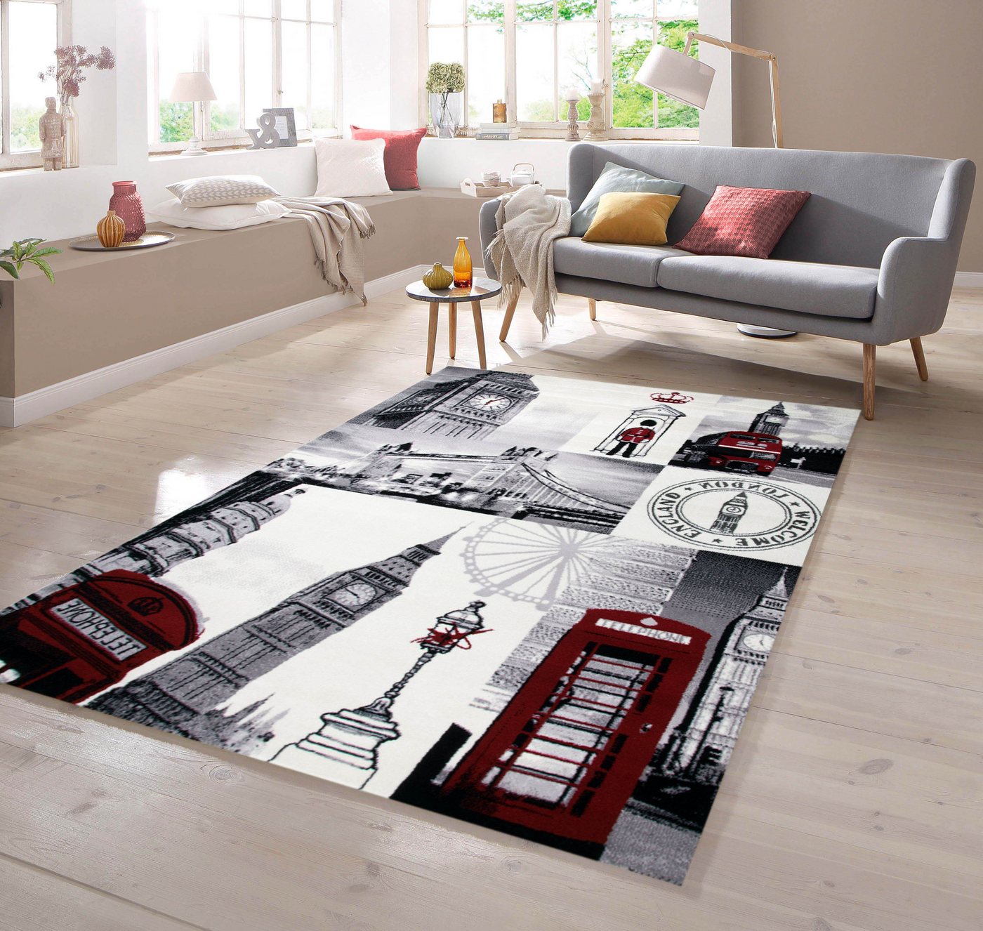 Teppich Designer Teppich London Motiv Creme Grau Rot Schwarz, TeppichHome24, rechteckig von TeppichHome24