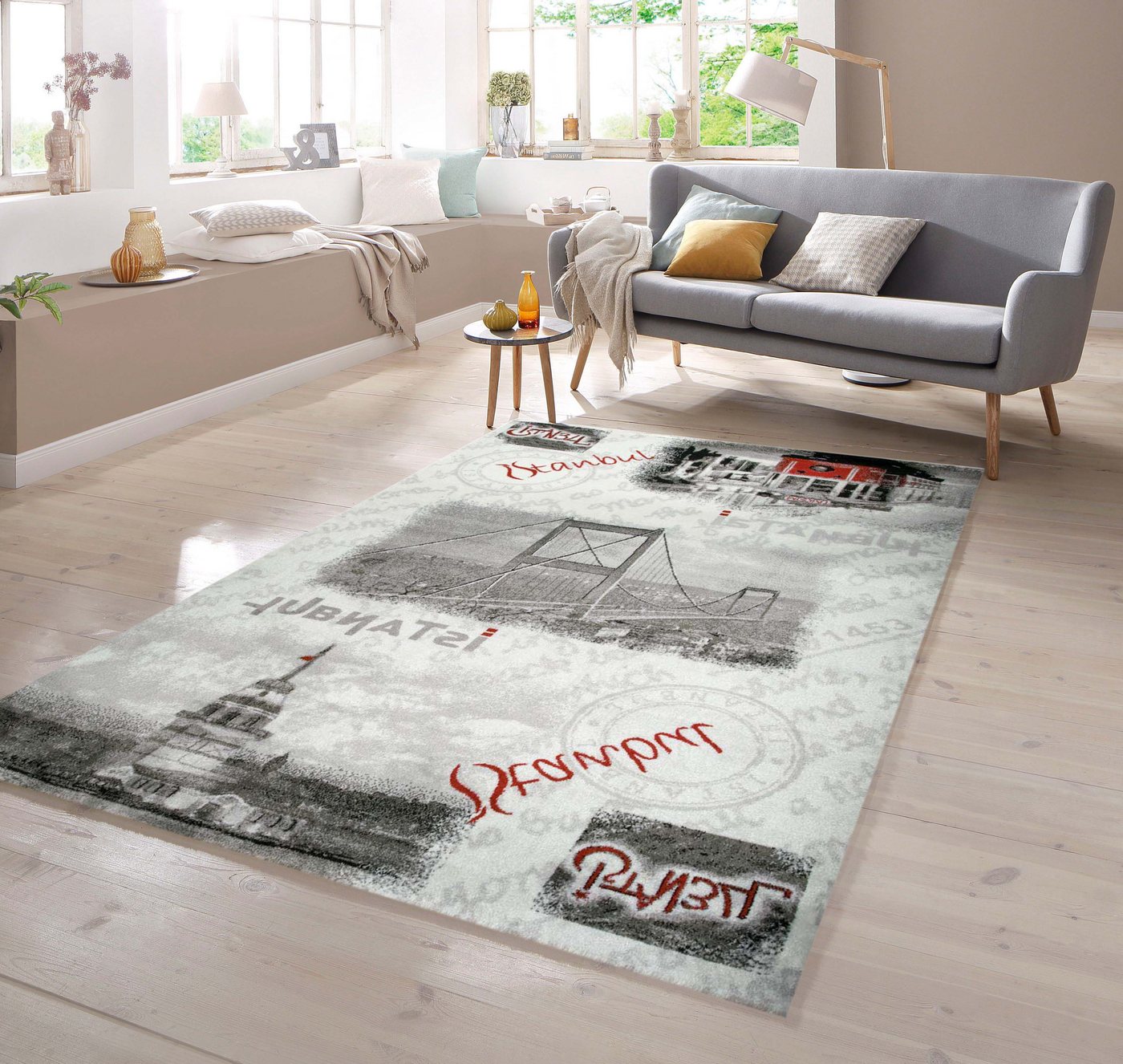 Teppich Designer Teppich im Istanbul Motiv Grau Creme Rot Schwarz, TeppichHome24, rechteckig von TeppichHome24