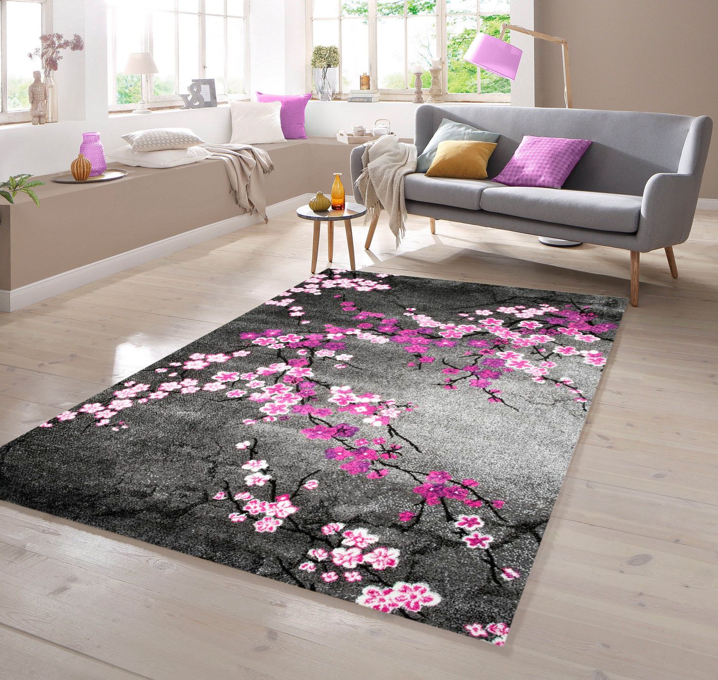 Teppich Designer Teppich mit Blumenmuster Grau Lila Pink, TeppichHome24, rechteckig von TeppichHome24