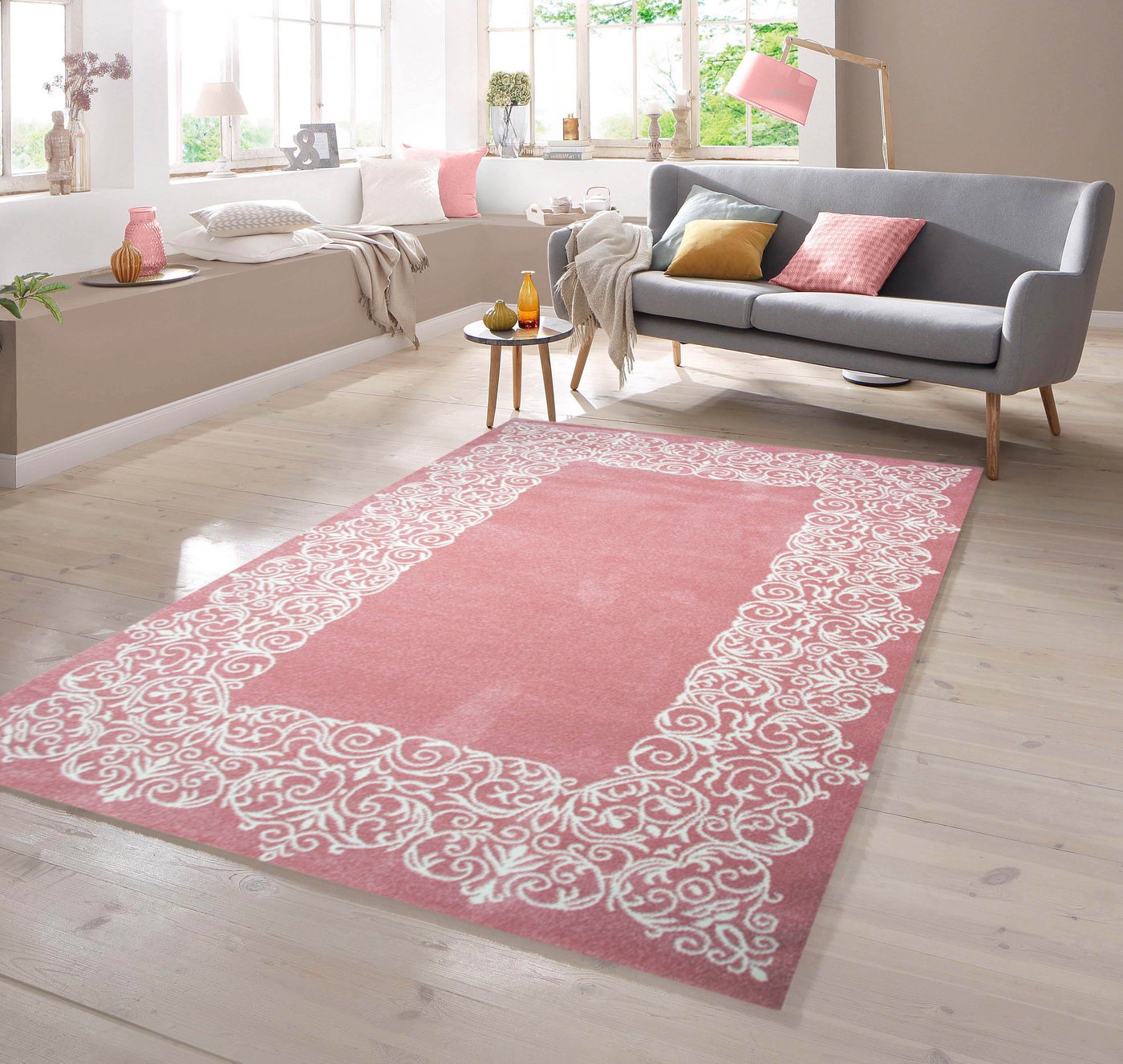 Teppich Designer Teppich mit Bordüre Pastellfarben Türkis Creme, TeppichHome24, rechteckig von TeppichHome24