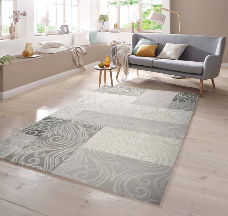 Teppich Designer Teppich mit Glitzergarn Wollteppich mit Karo Muster in Creme Beige Grau, TeppichHome24, rechteckig von TeppichHome24