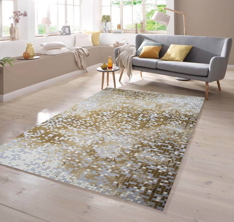 TeppichHome24 Teppich Designer Teppich mit Konturenschnitt Kariert in Grau Senfgelb Creme, rechteckig von TeppichHome24