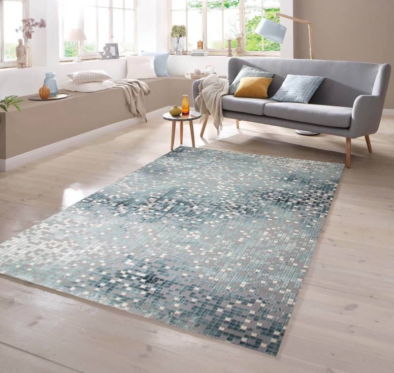 TeppichHome24 Teppich Designer Teppich mit Konturenschnitt Kariert in Grau Türkis Creme, rechteckig von TeppichHome24