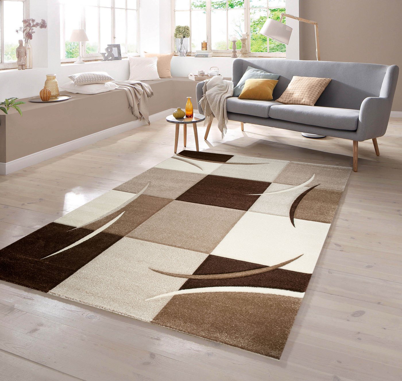 Teppich Designer Teppich mit Konturenschnitt Karo Muster Braun Beige Mocca, TeppichHome24, rechteckig von TeppichHome24
