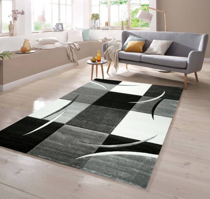TeppichHome24 Teppich Designer Teppich mit Konturenschnitt Karo Muster Grau Weiss Schwarz, rechteckig, Höhe: 13 mm von TeppichHome24