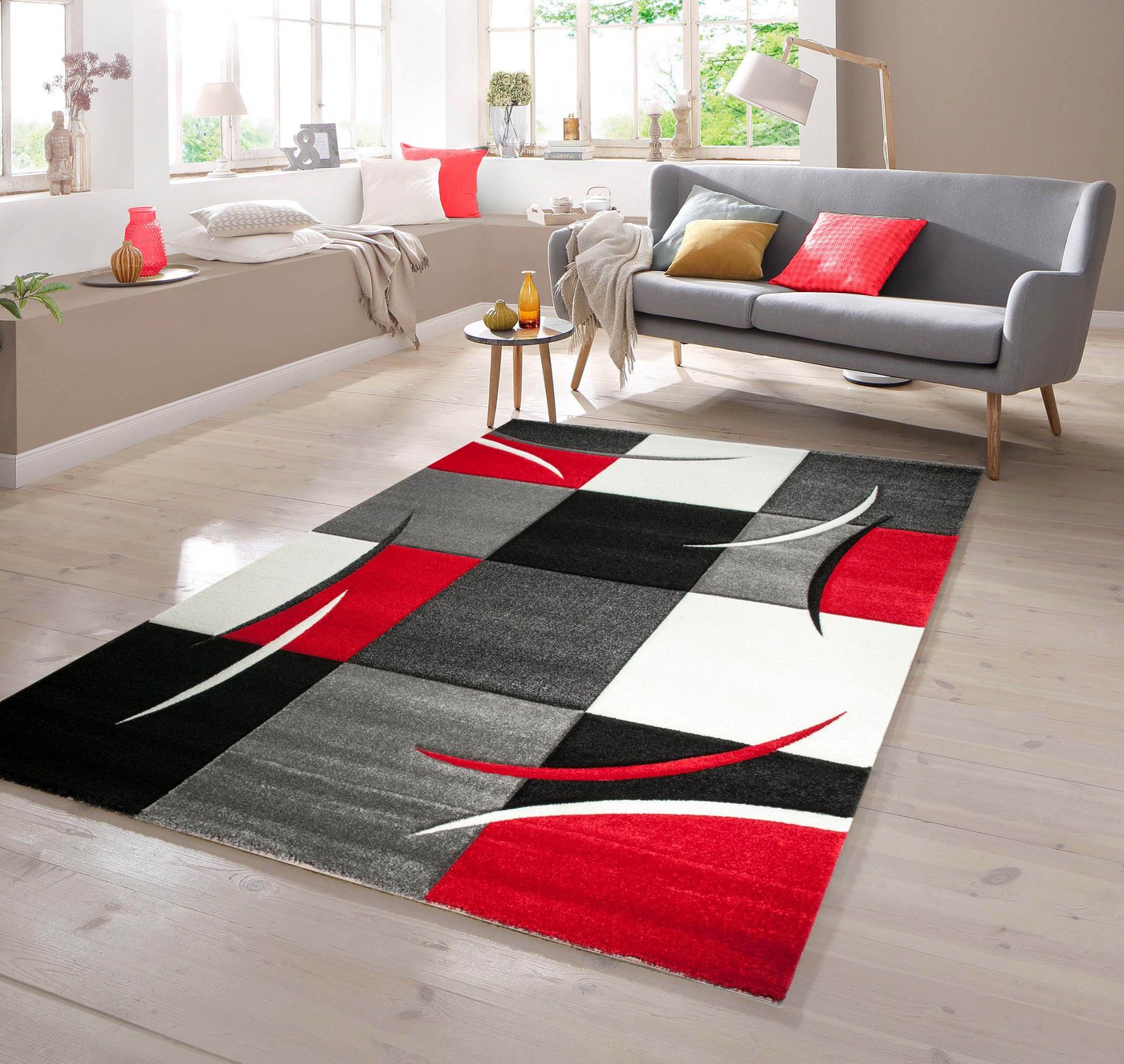 Teppich Designer Teppich mit Konturenschnitt Karo Muster Rot Grau Weiß Schwarz, TeppichHome24, rechteckig von TeppichHome24