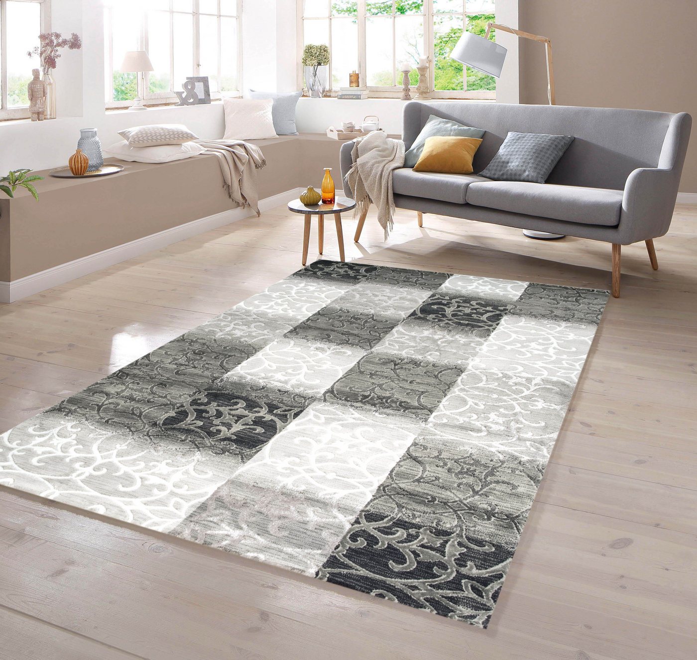 Teppich Designer Teppich mit Konturenschnitt Karo Muster Schwarz Weiß Grau, TeppichHome24, rechteckig von TeppichHome24