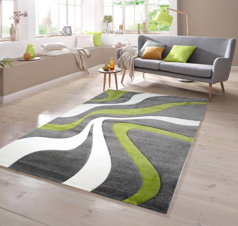 TeppichHome24 Teppich Designer Teppich mit Konturenschnitt Wellenmuster Grün Grau Weiss, rechteckig von TeppichHome24