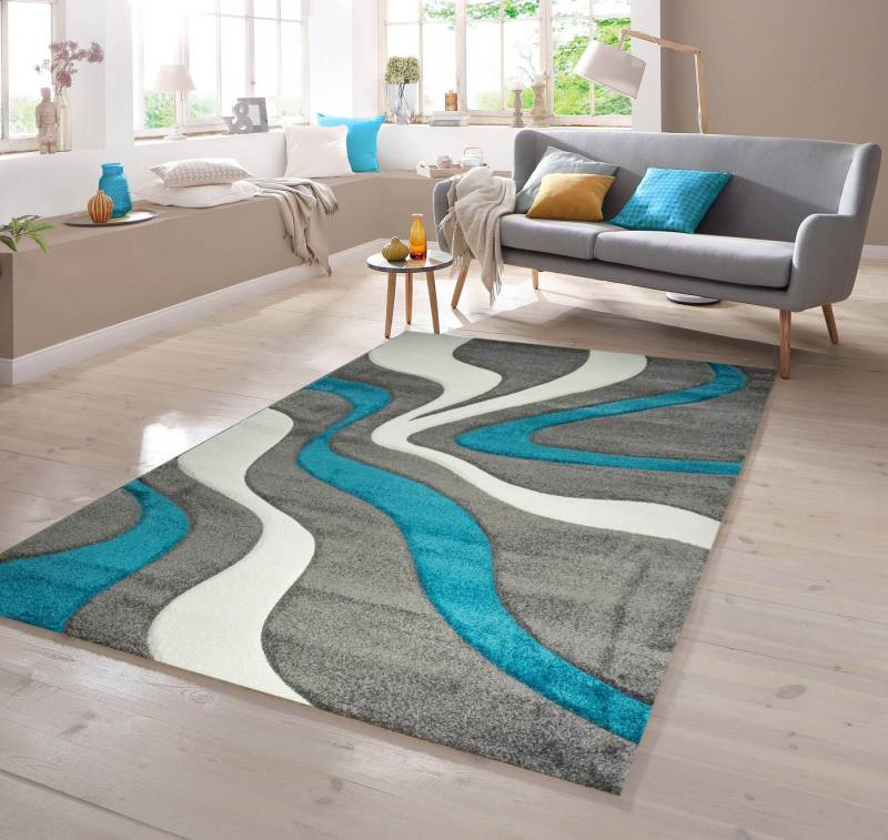 TeppichHome24 Teppich Designer Teppich mit Konturenschnitt Wellenmuster Türkis Grau Weiss, rechteckig von TeppichHome24