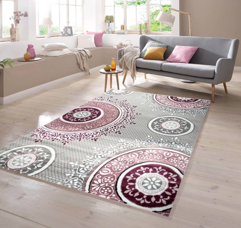 TeppichHome24 Teppich Designer Teppich mit Kreis Ornamente in Pink Lila Grau Creme, rechteckig von TeppichHome24