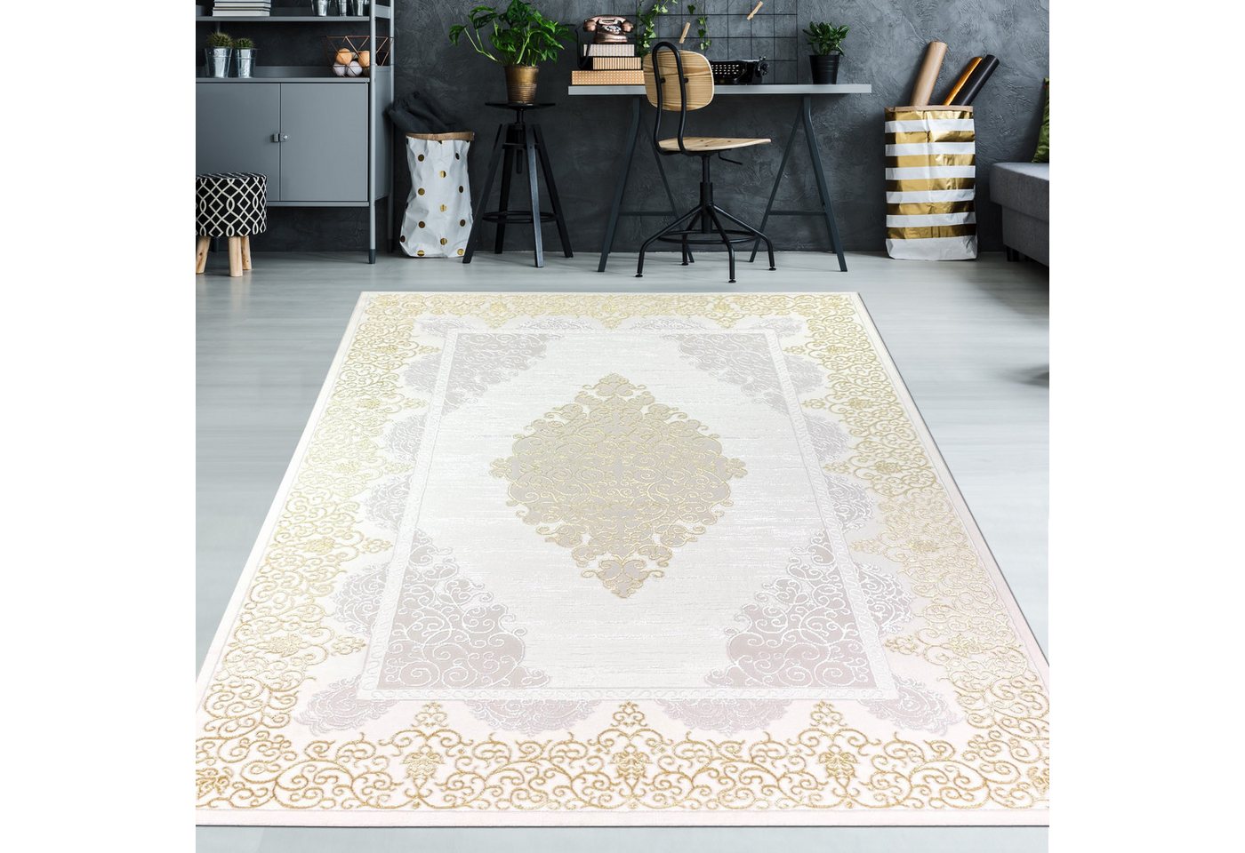 Teppich Designer Teppich mit Orientalischem Muster in weiß gold grau, TeppichHome24, rechteckig, Höhe: 8 mm von TeppichHome24