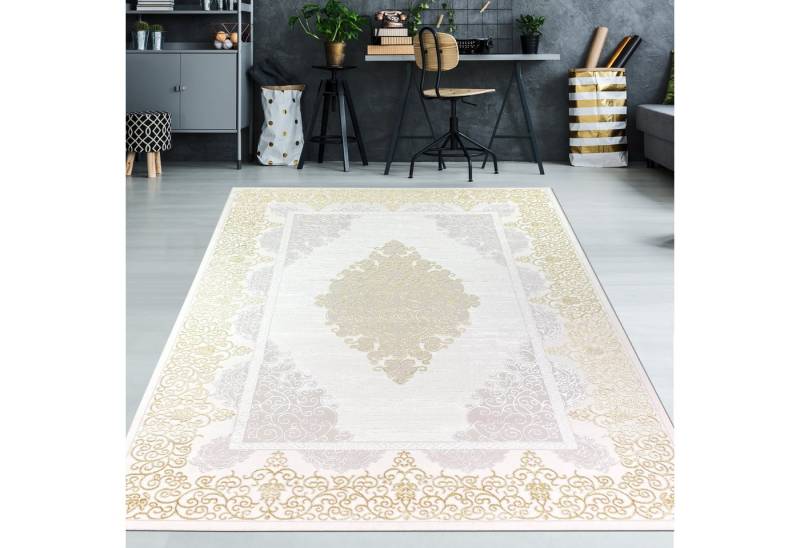 TeppichHome24 Teppich Designer Teppich mit Orientalischem Muster in weiß gold grau, rechteckig, Höhe: 8 mm von TeppichHome24