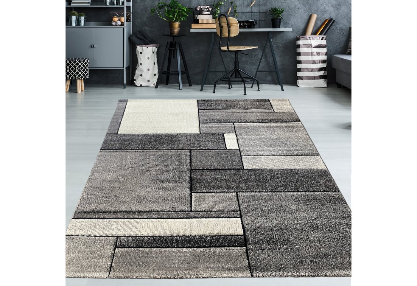 Teppich Eleganter Wohnzimmer Teppich mit Design in grau, TeppichHome24, rechteckig von TeppichHome24