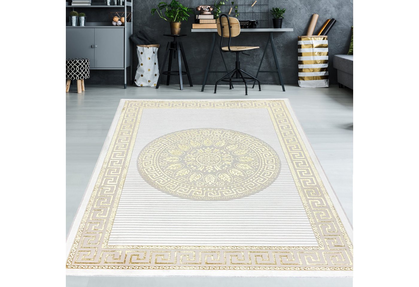 Teppich Glänzender Designerteppich mit Orientalischem Muster in weiß-gold, TeppichHome24, rechteckig, Höhe: 8 mm von TeppichHome24