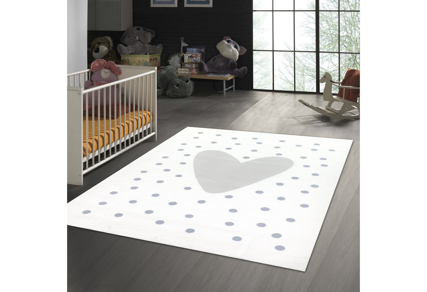 Teppich Kinder-Teppich mit Herz & Pünktchen design in creme und grau, TeppichHome24, rechteckig, Höhe: 18 mm von TeppichHome24