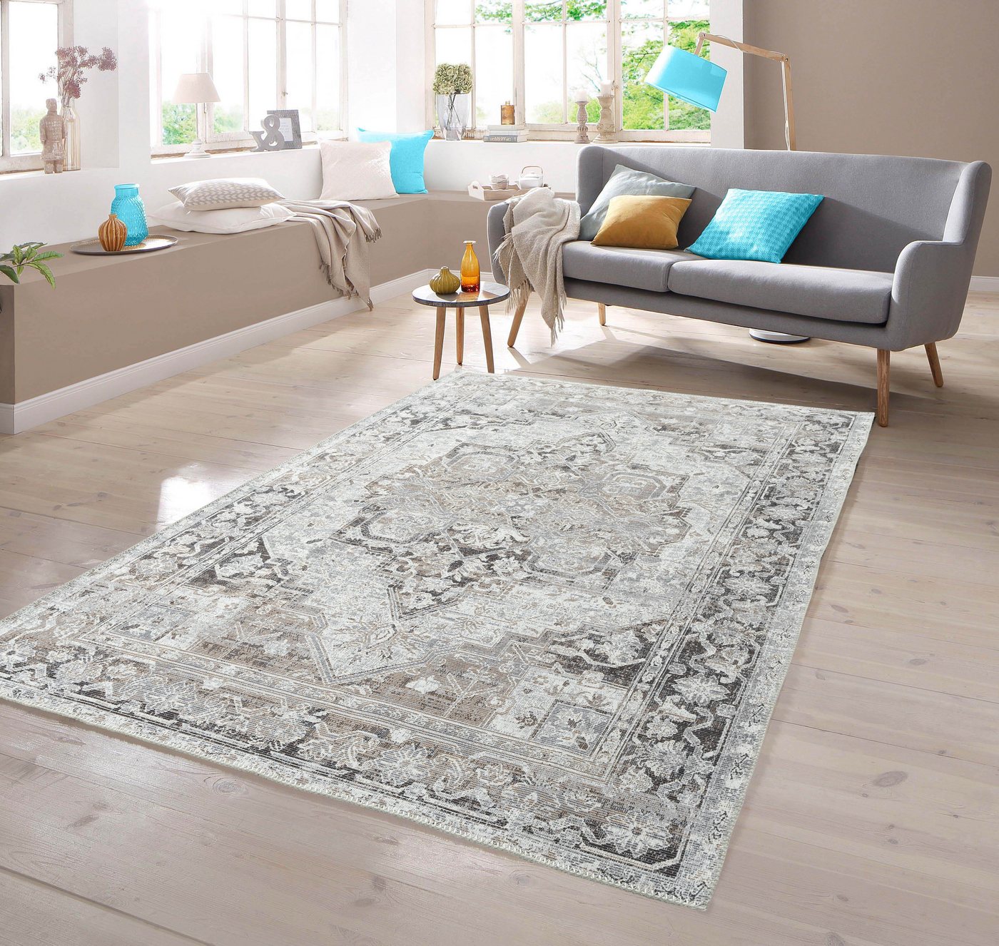 Teppich Klassischer Teppich mit orientalischen Verzierungen in creme grau, TeppichHome24, rechteckig, Höhe: 7 mm von TeppichHome24
