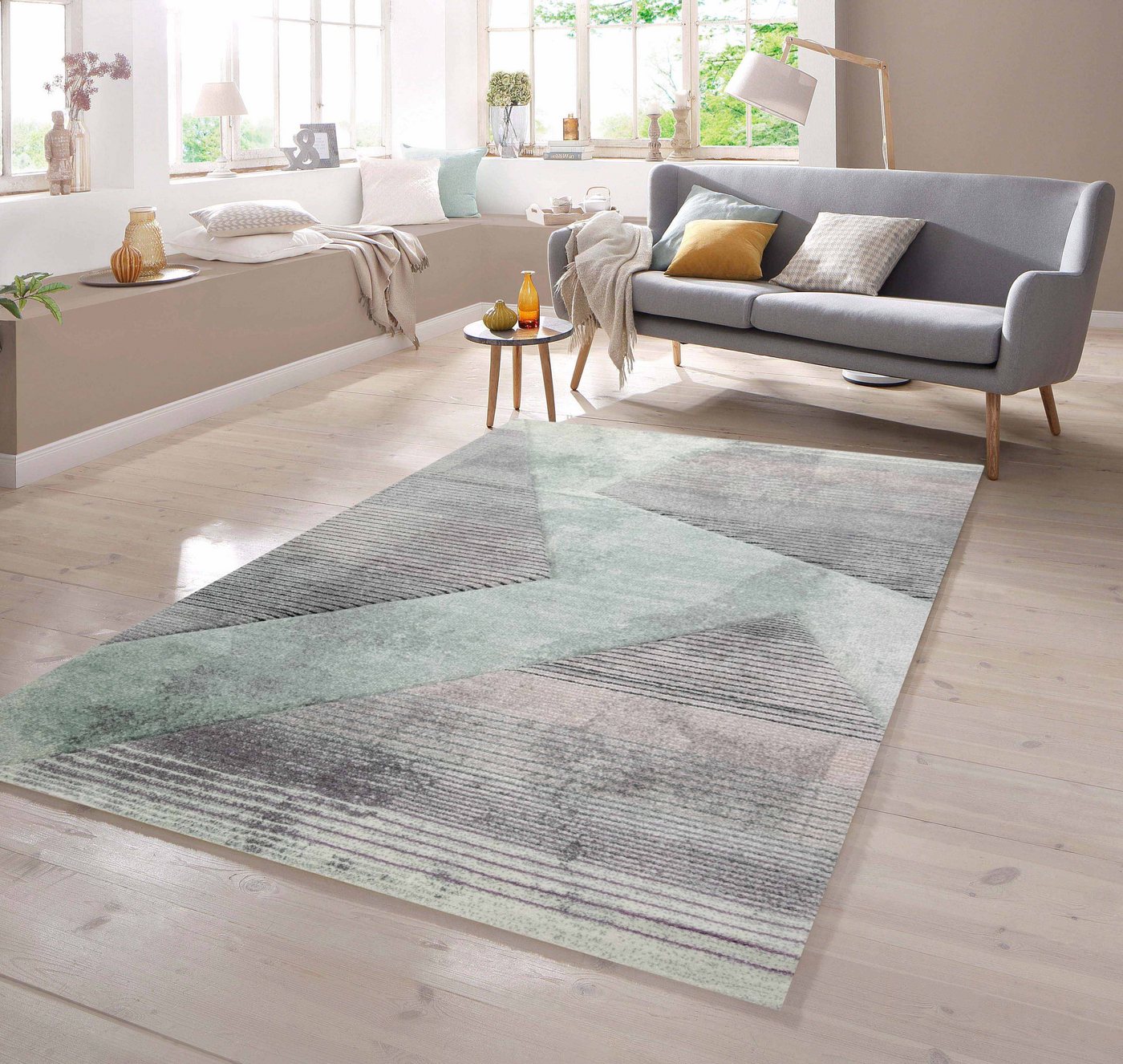 Teppich Teppich Muster gestreift grau grün rosa, TeppichHome24, rechteckig, Höhe: 13 mm von TeppichHome24