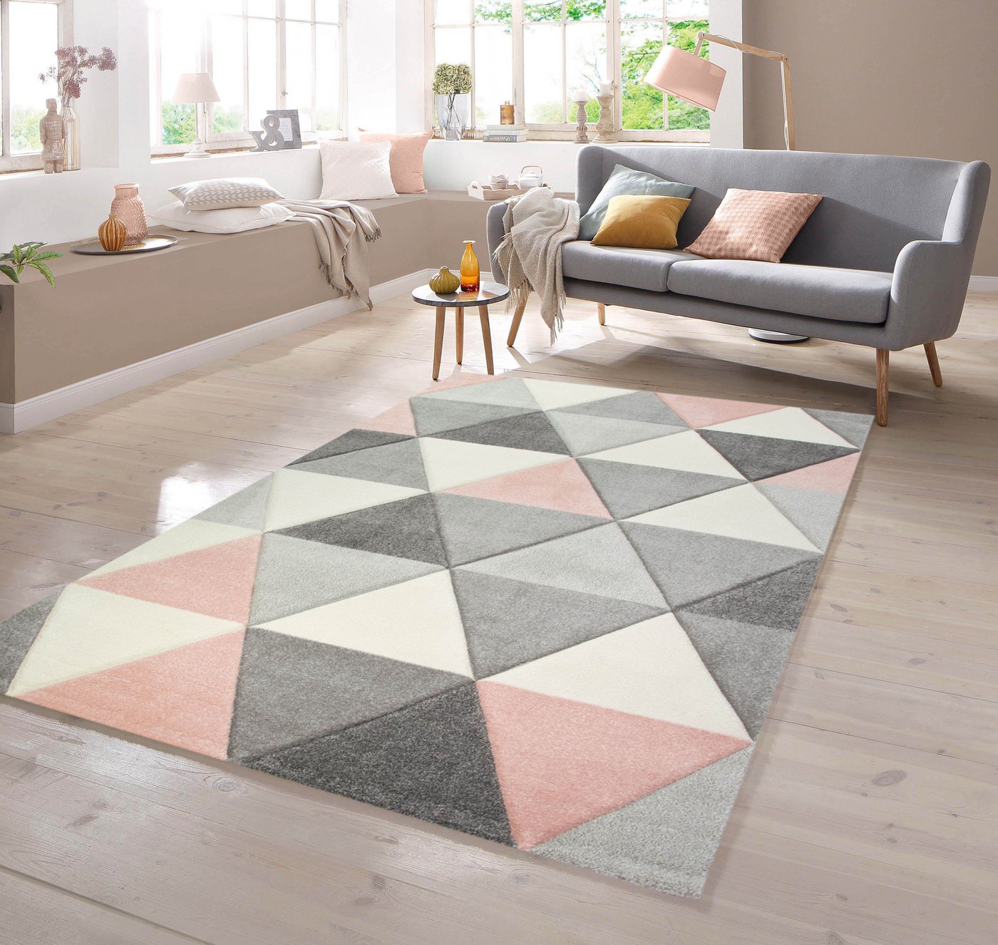 Teppich Teppich mit Dreieck Muster in Rosa Grau Creme, TeppichHome24, rechteckig von TeppichHome24