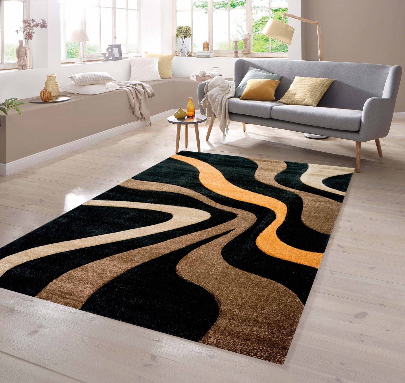 Teppich Teppich mit Wellen in schwarz braun, TeppichHome24, rechteckig von TeppichHome24