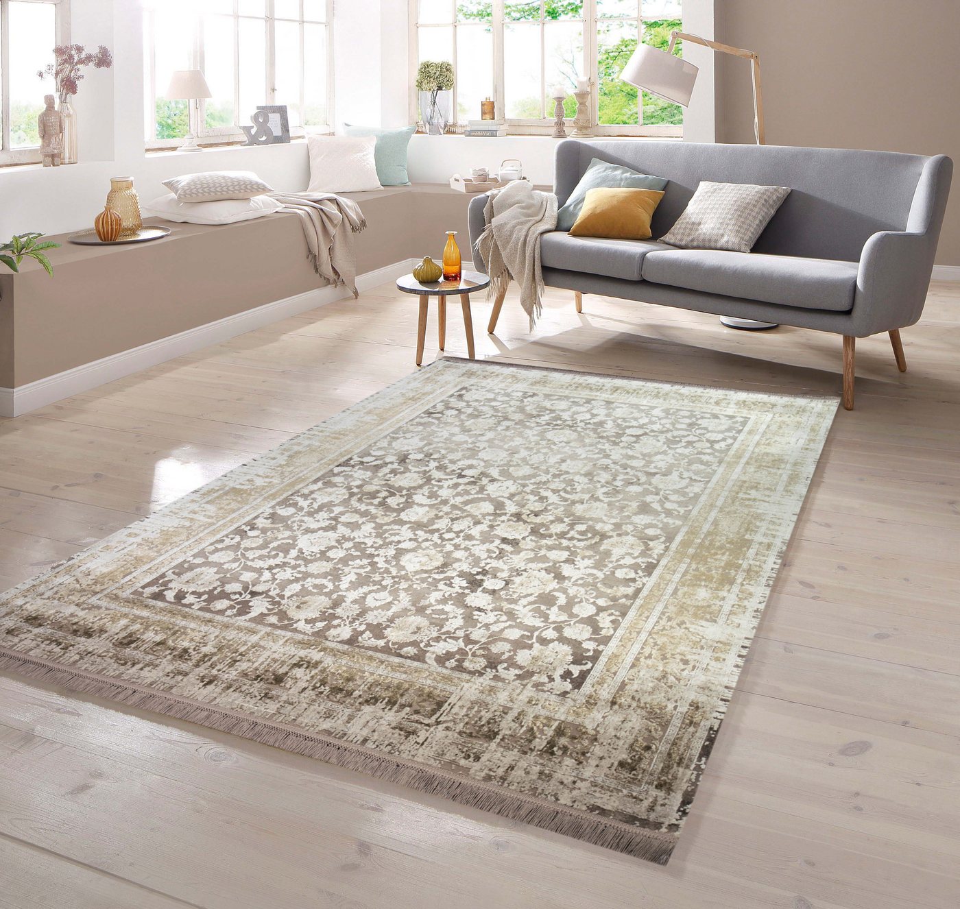 Teppich Teppich mit floralem Design aus Naturfasern in beige, TeppichHome24, rechteckig von TeppichHome24