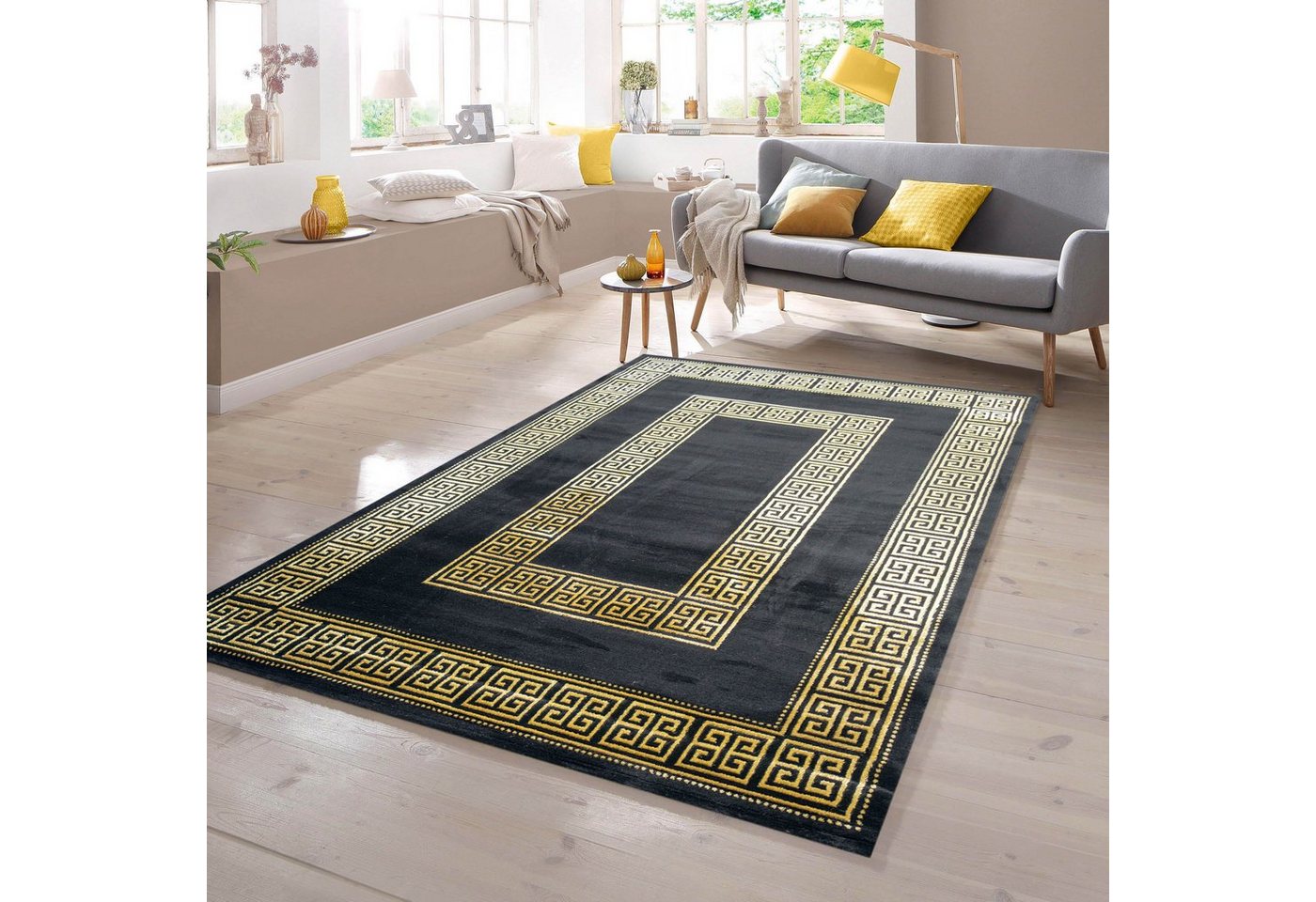 Teppich Teppich mit klassischer Bordüre in schwarz gold, TeppichHome24, rechteckig von TeppichHome24