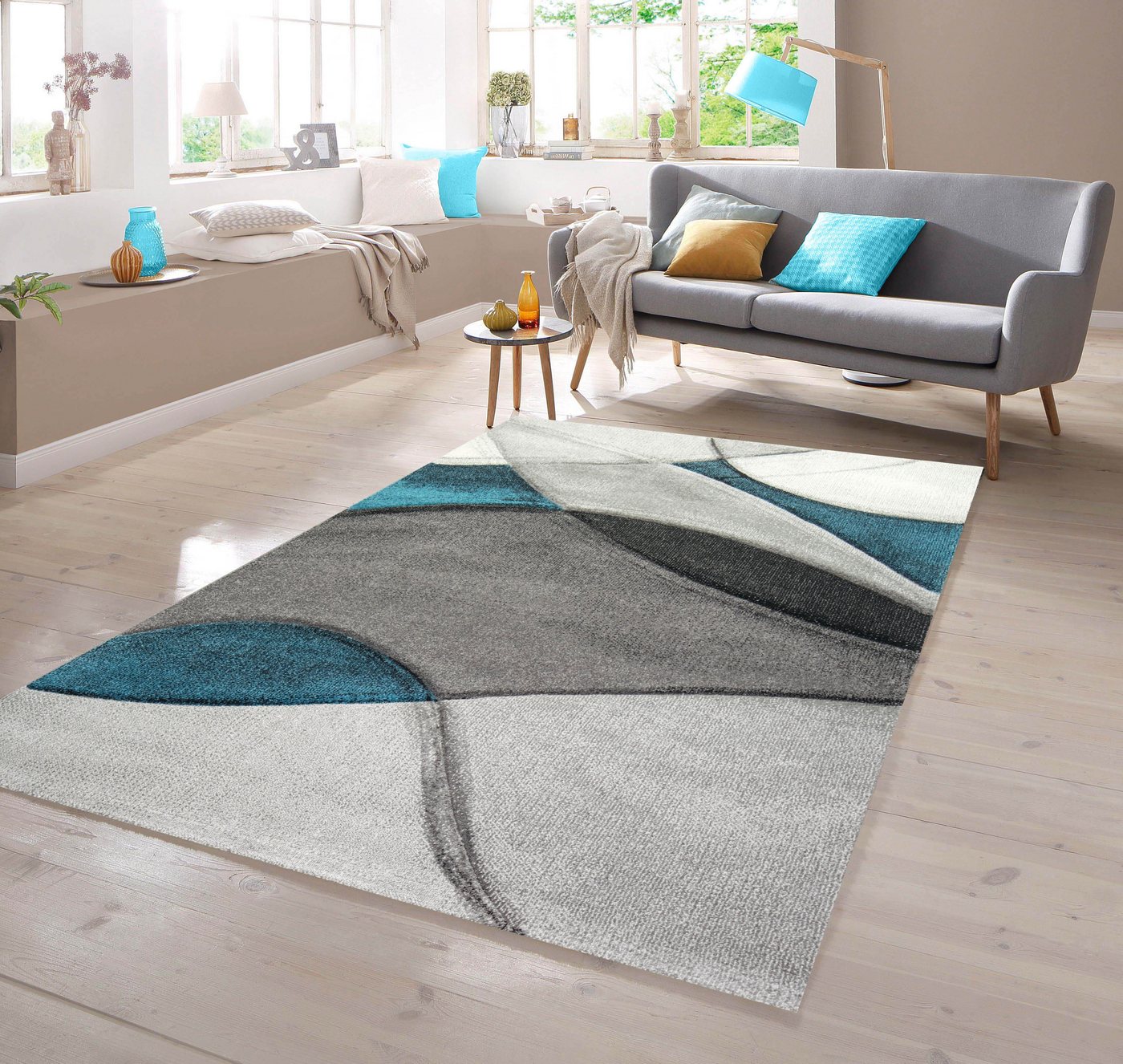 Teppich Teppich modern abstrakt in blau grau schwarz, TeppichHome24, rechteckig von TeppichHome24