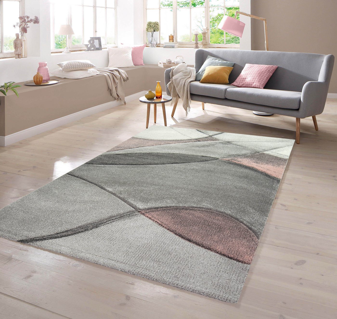 Teppich Teppich modern abstrakt in rosa grau pastell, TeppichHome24, rechteckig von TeppichHome24