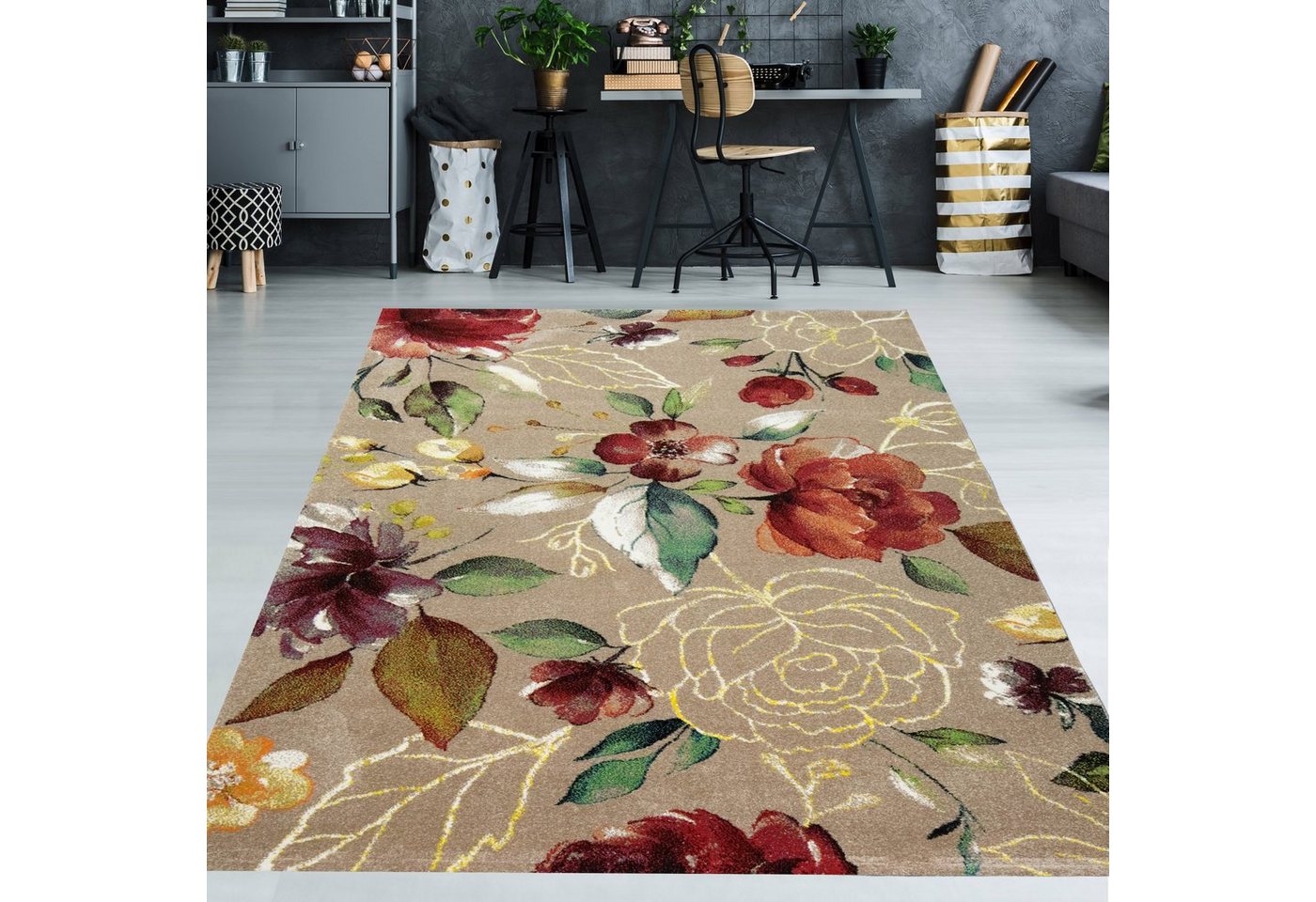 Teppich Wunderschöner dezenter Teppich mit bunten Blumen – taupe bunt, TeppichHome24, rechteckig, Höhe: 13 mm von TeppichHome24