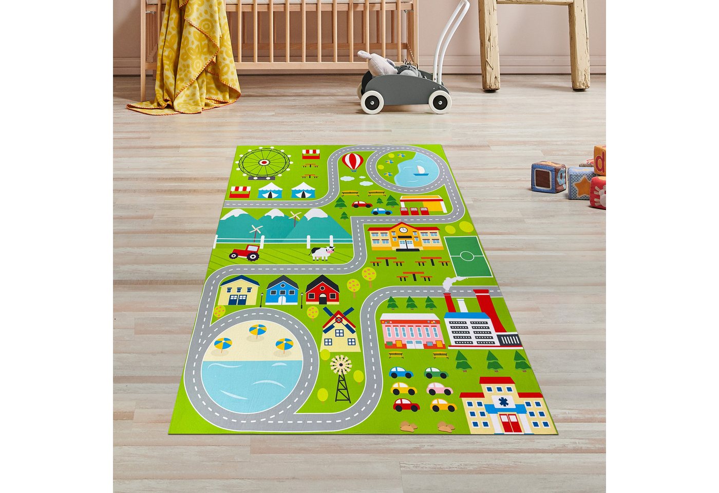 TeppichHome24 Kinderteppich Spielerischer Kinderzimmerteppich mit Städtemuster in Grün, rechteckig, Höhe: 5 mm von TeppichHome24
