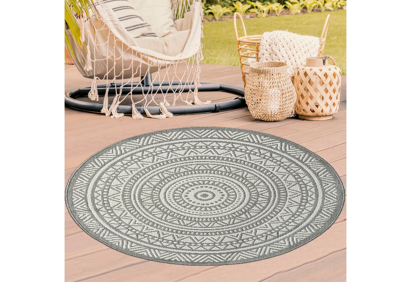 TeppichHome24 Outdoorteppich Runder Teppich mit Ethno-Muster in Grau und Weiß, Rund TeppichHome24 Outdoorteppich Runder Teppich mit Ethno-Muster in Grau und Weiß, Rund von TeppichHome24