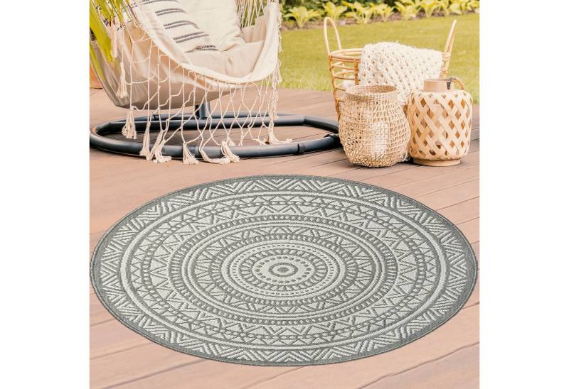 TeppichHome24 Outdoorteppich Runder Teppich mit Ethno-Muster in Grau und Weiß, Rund von TeppichHome24