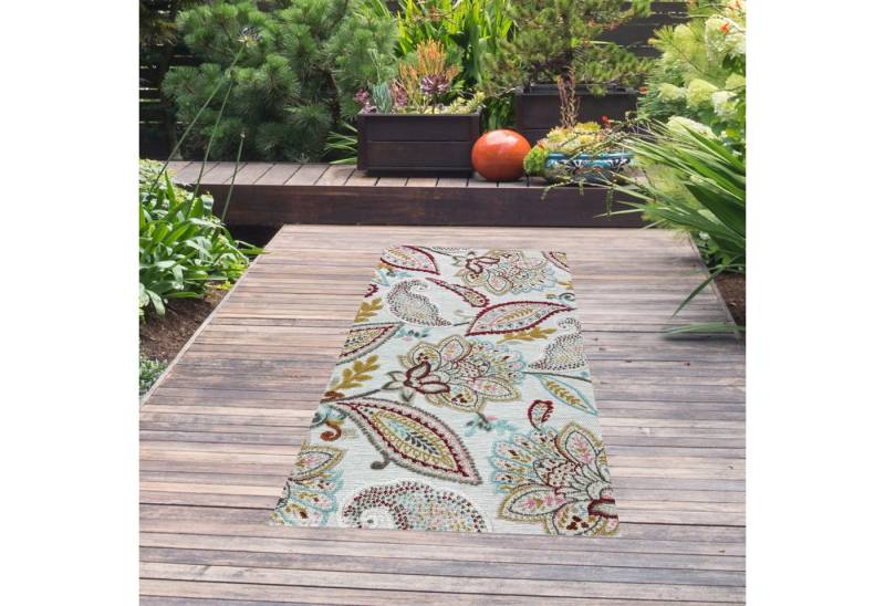 TeppichHome24 Outdoorteppich In und Outdoor Teppich mit Blumen Muster in creme grau bunt, Rechteckig von TeppichHome24
