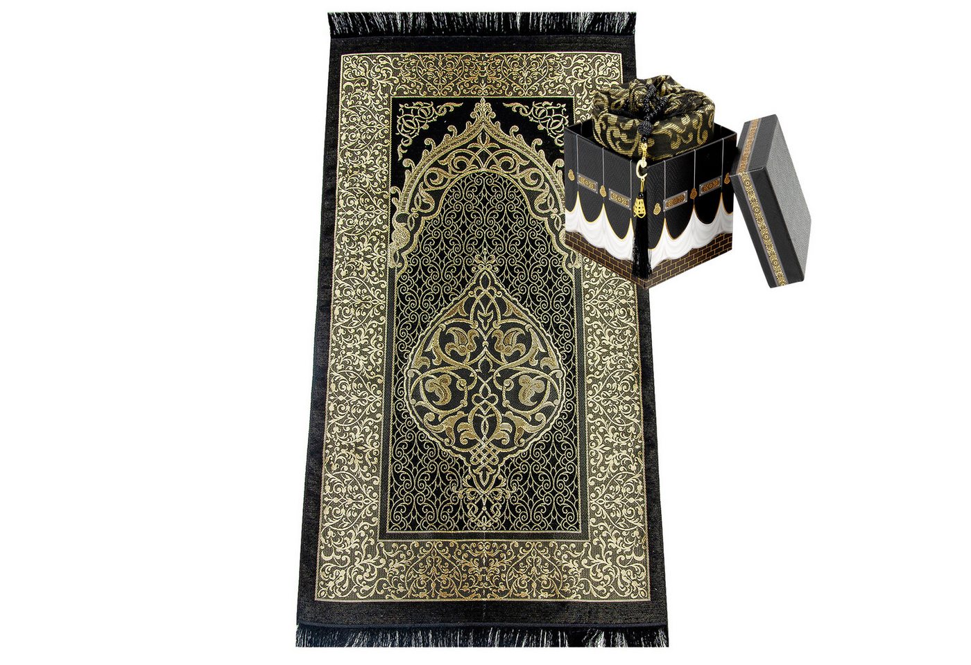 TeppichHome24 Teppich Gebetsteppich 65x110 cm Schwarz-Gold mit Kaaba-Box & 99er Tesbih, rechteckig TeppichHome24 Teppich Gebetsteppich 65x110 cm Schwarz-Gold mit Kaaba-Box & 99er Tesbih, rechteckig von TeppichHome24